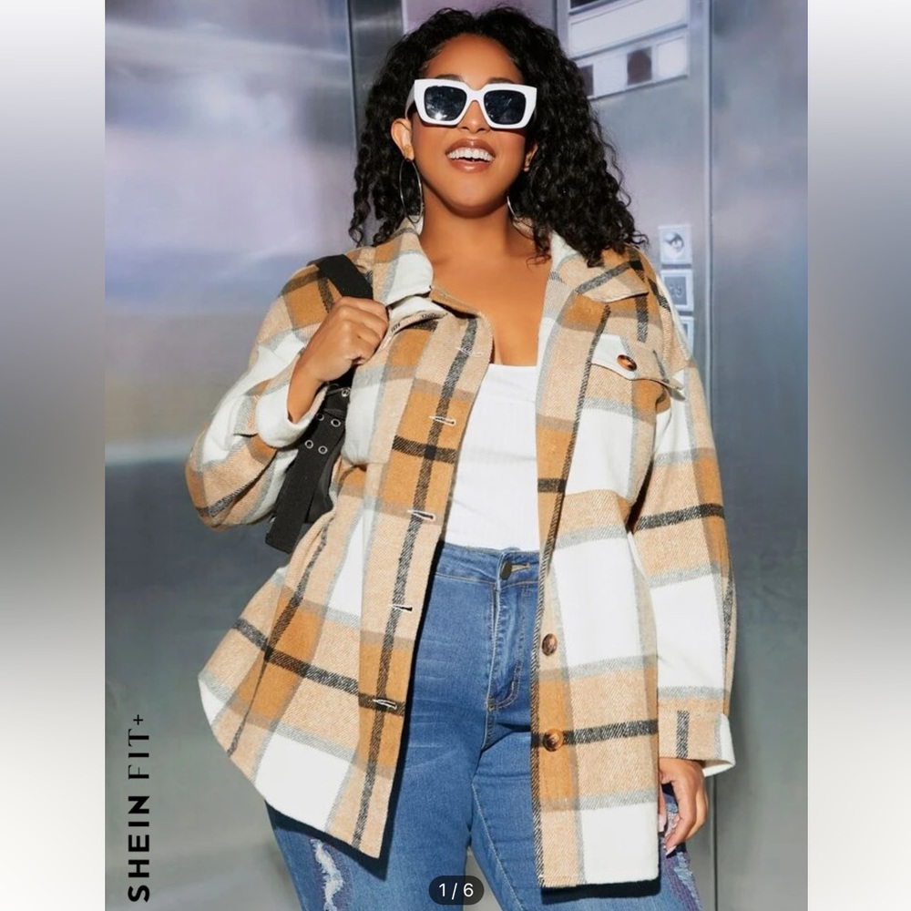 SHEIN FIT+ Plus Plaid Print Drop Shoulder Overcoat